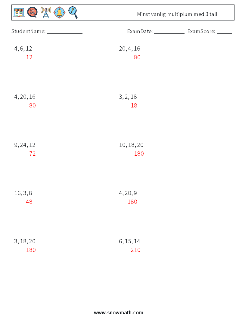 Minst vanlig multiplum med 3 tall MathWorksheets 1 QuestionAnswer
