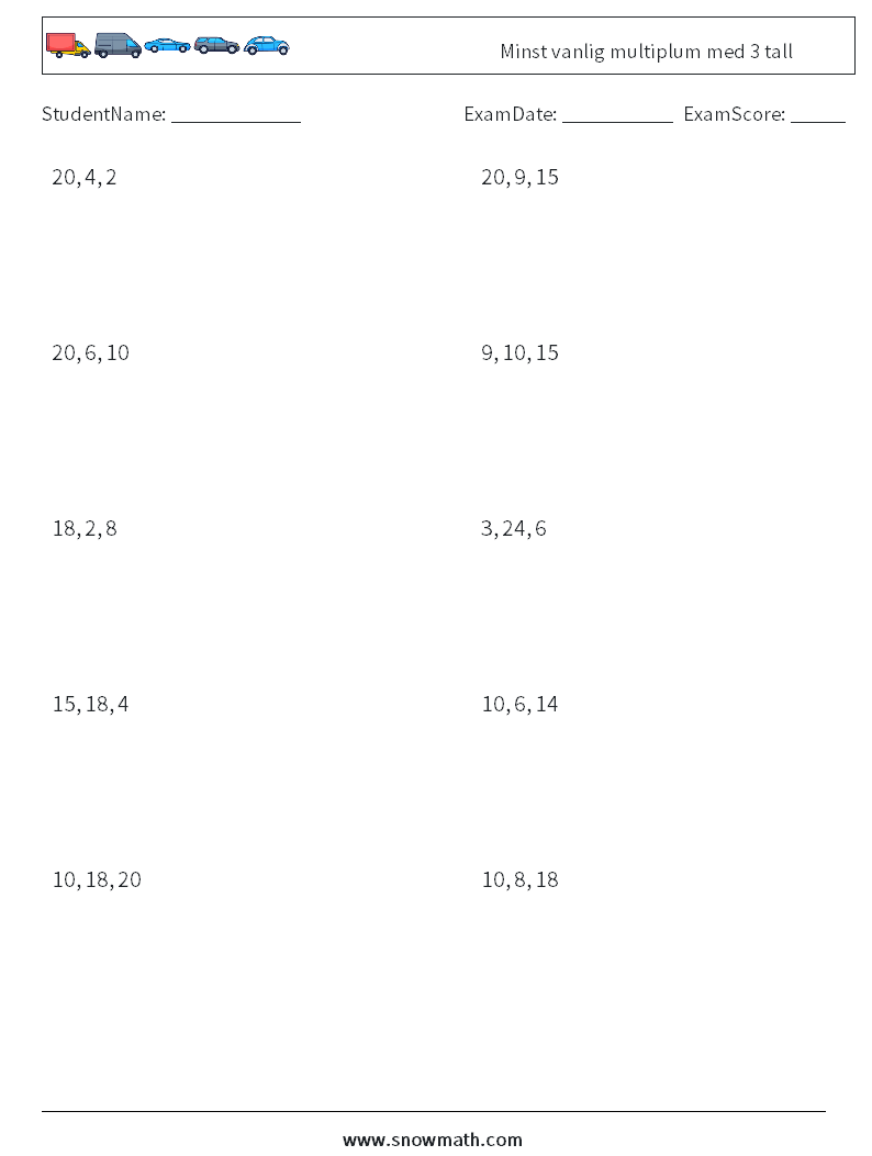 Minst vanlig multiplum med 3 tall MathWorksheets 2