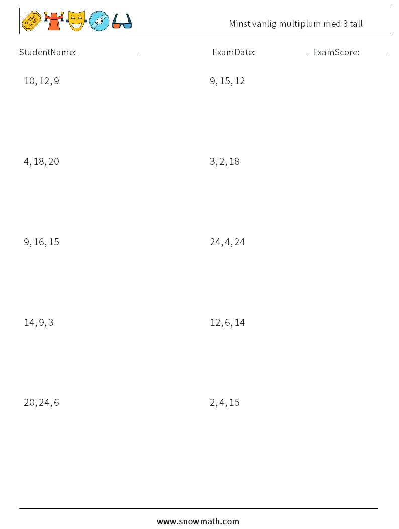 Minst vanlig multiplum med 3 tall MathWorksheets 3