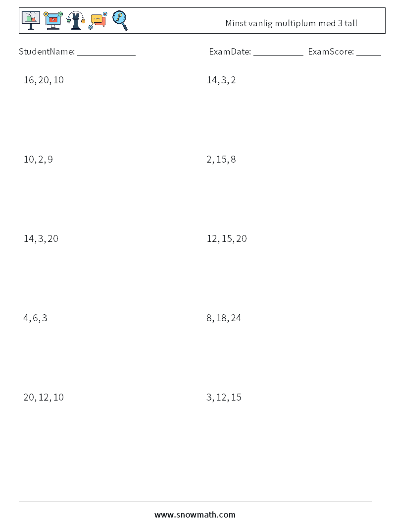 Minst vanlig multiplum med 3 tall MathWorksheets 7