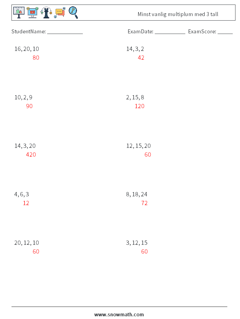 Minst vanlig multiplum med 3 tall MathWorksheets 7 QuestionAnswer