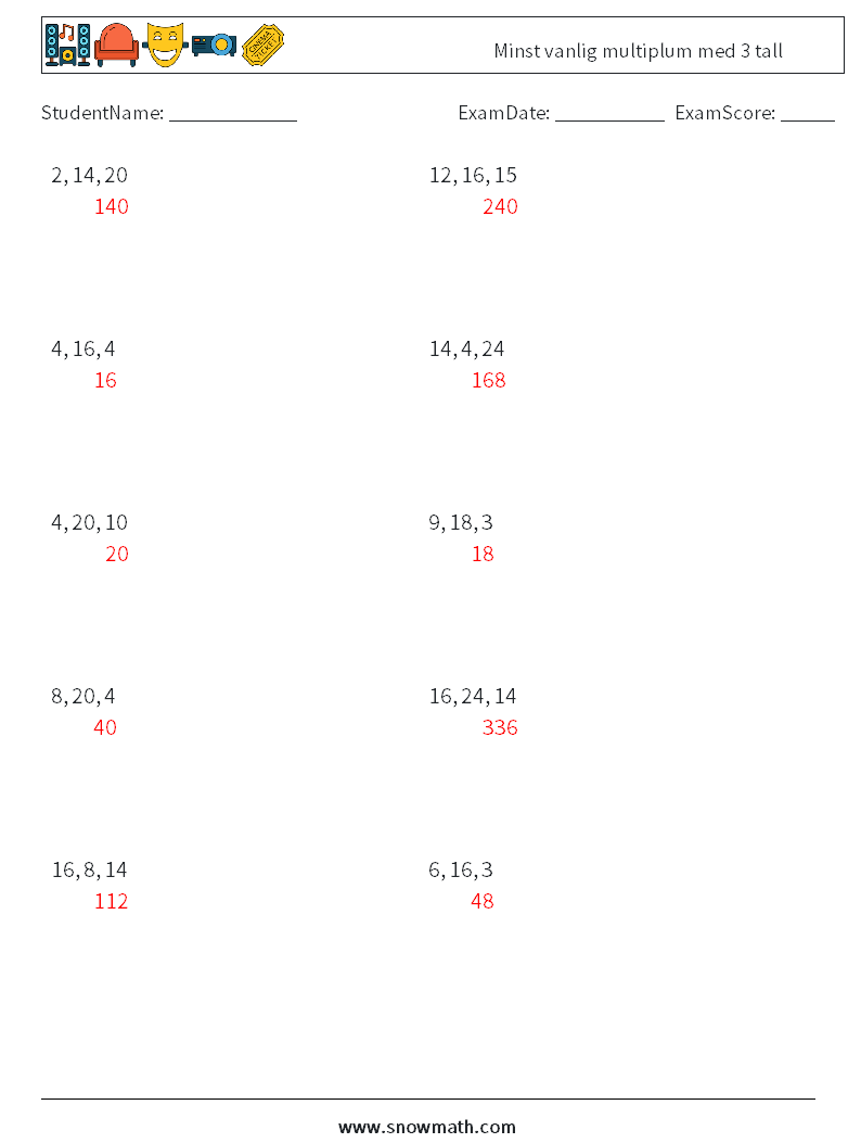 Minst vanlig multiplum med 3 tall MathWorksheets 8 QuestionAnswer