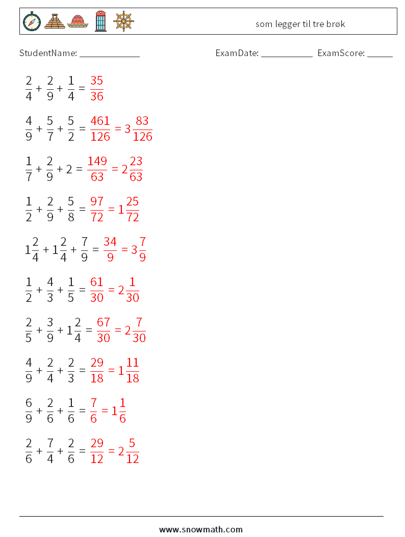 (10) som legger til tre brøk MathWorksheets 10 QuestionAnswer