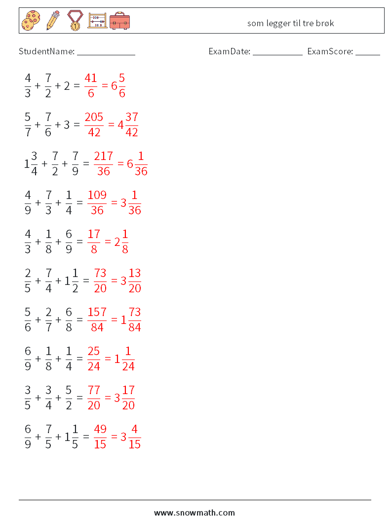 (10) som legger til tre brøk MathWorksheets 11 QuestionAnswer