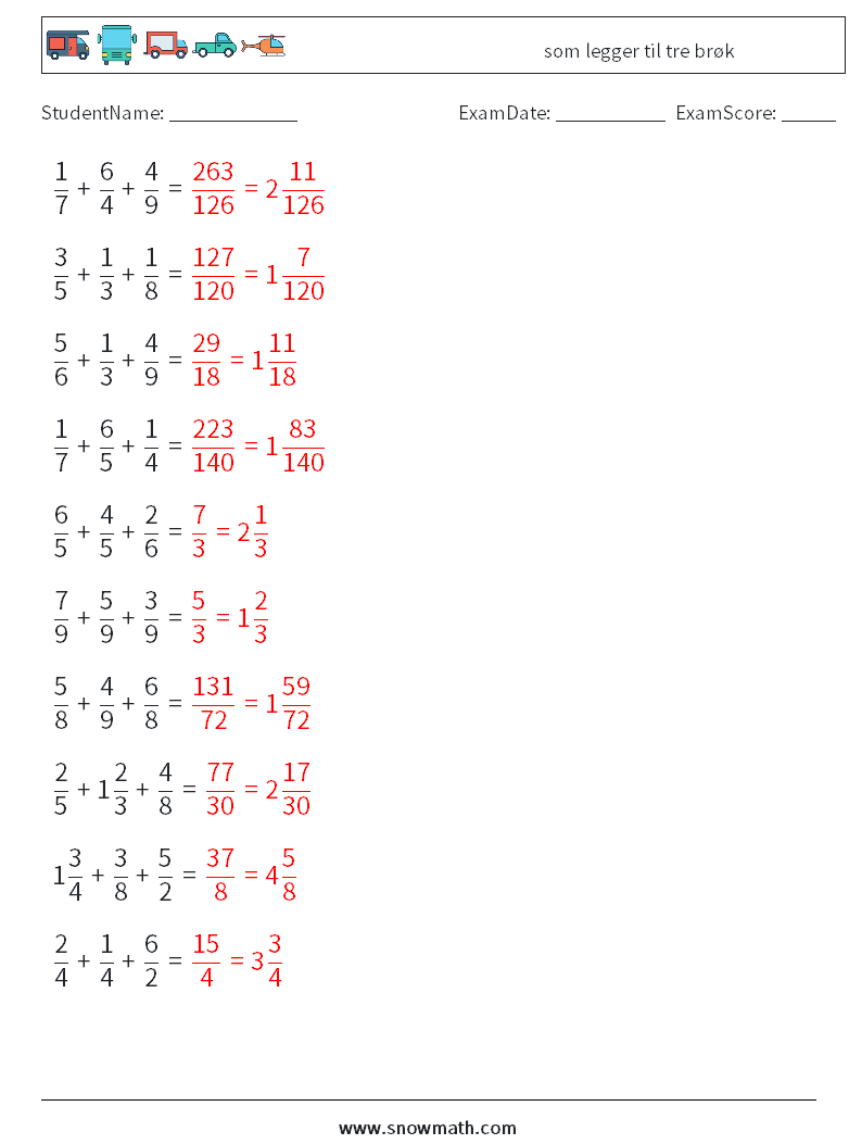 (10) som legger til tre brøk MathWorksheets 16 QuestionAnswer