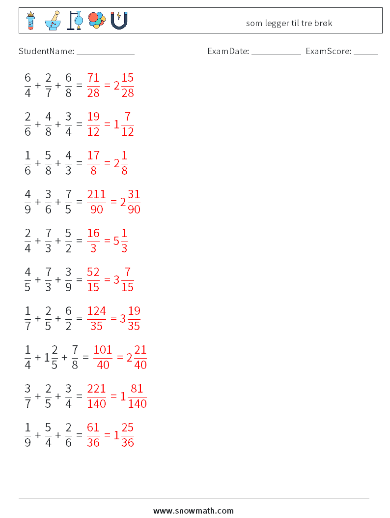 (10) som legger til tre brøk MathWorksheets 17 QuestionAnswer