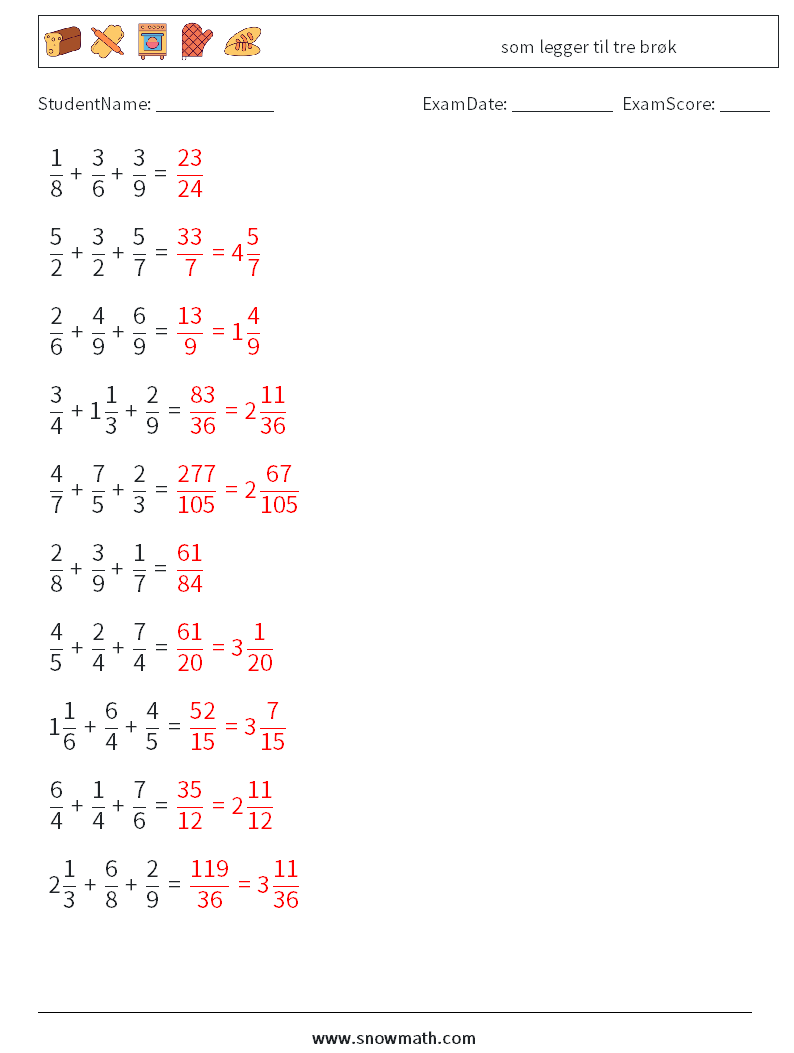 (10) som legger til tre brøk MathWorksheets 18 QuestionAnswer