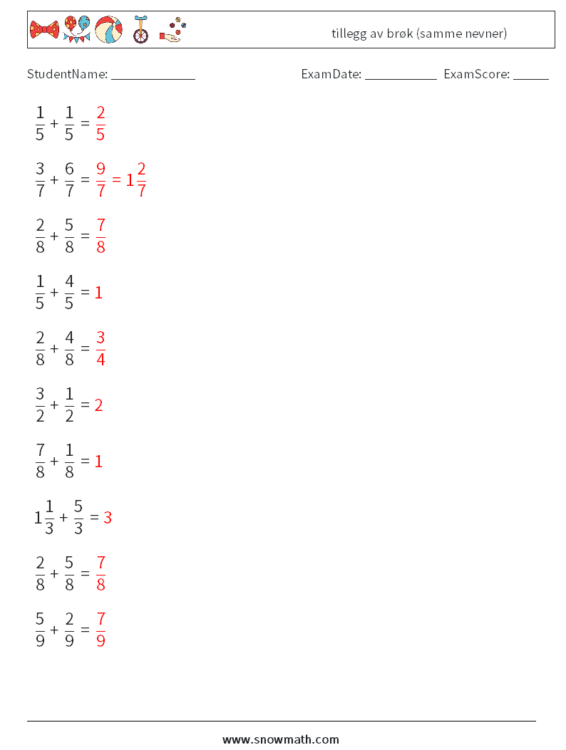 (10) tillegg av brøk (samme nevner) MathWorksheets 14 QuestionAnswer