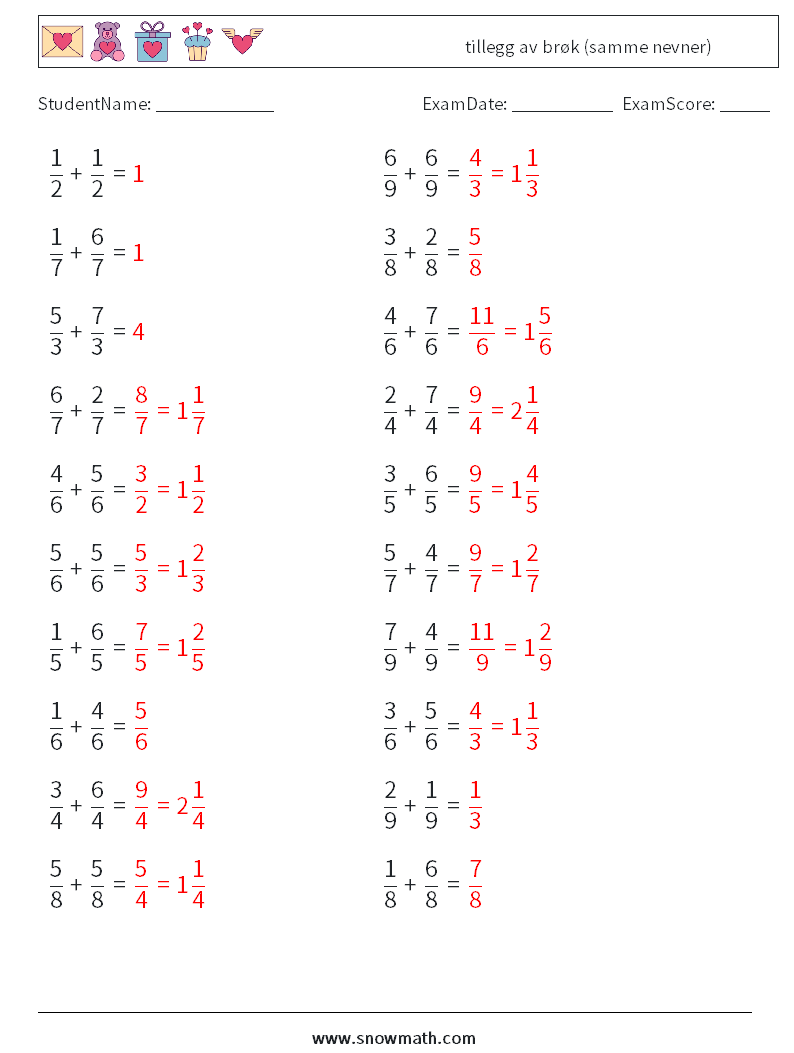 (20) tillegg av brøk (samme nevner) MathWorksheets 15 QuestionAnswer