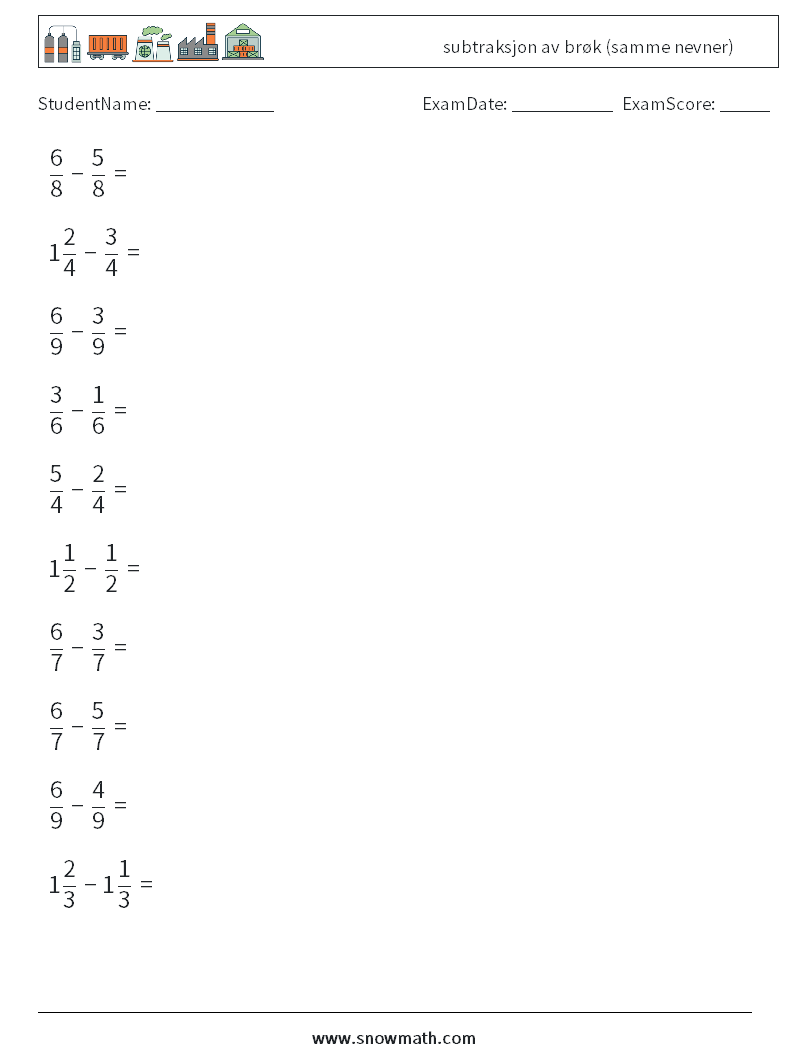 (10) subtraksjon av brøk (samme nevner) MathWorksheets 10