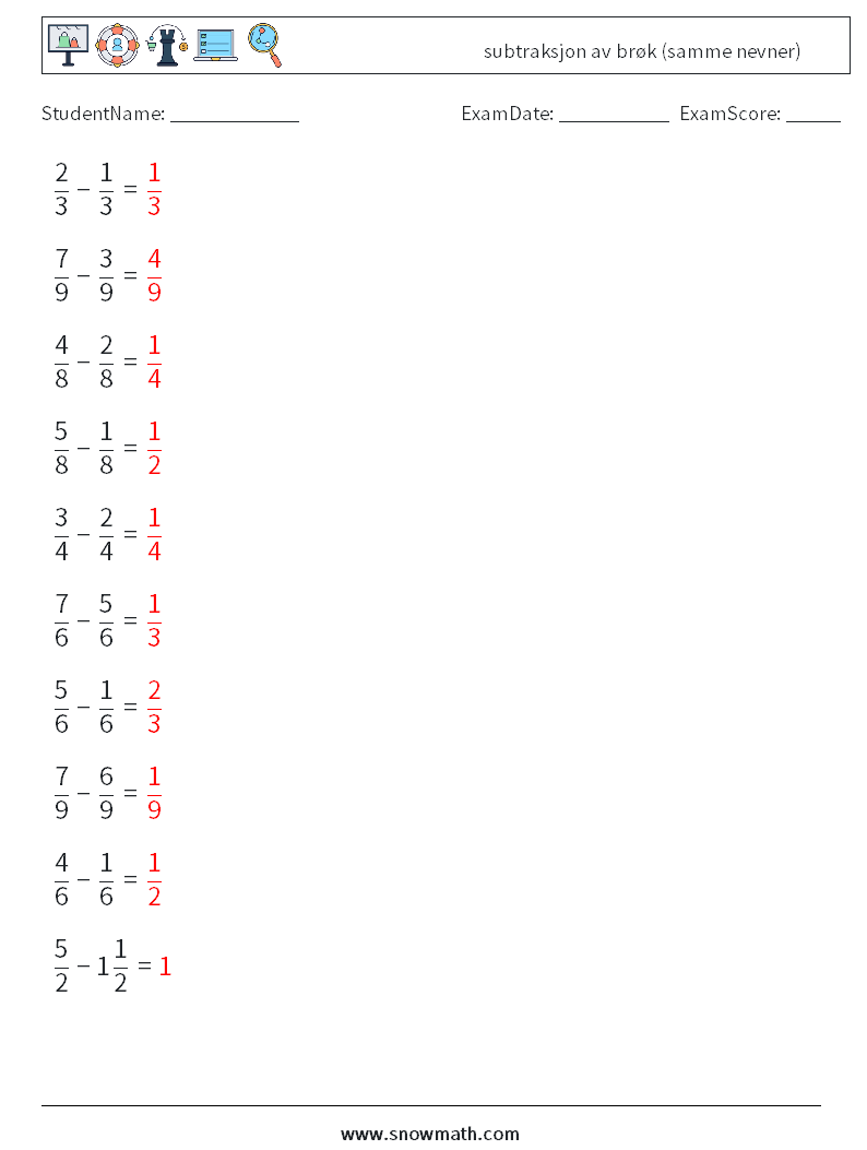 (10) subtraksjon av brøk (samme nevner) MathWorksheets 12 QuestionAnswer