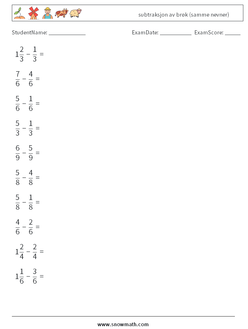 (10) subtraksjon av brøk (samme nevner) MathWorksheets 15