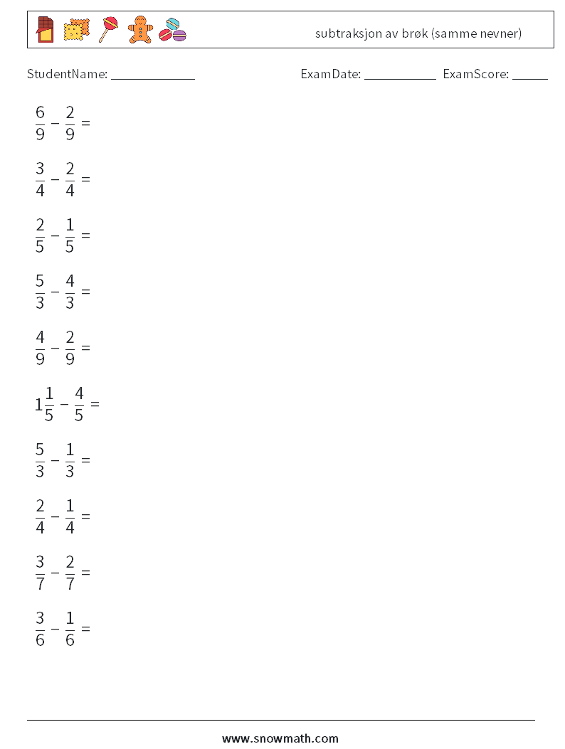 (10) subtraksjon av brøk (samme nevner) MathWorksheets 16