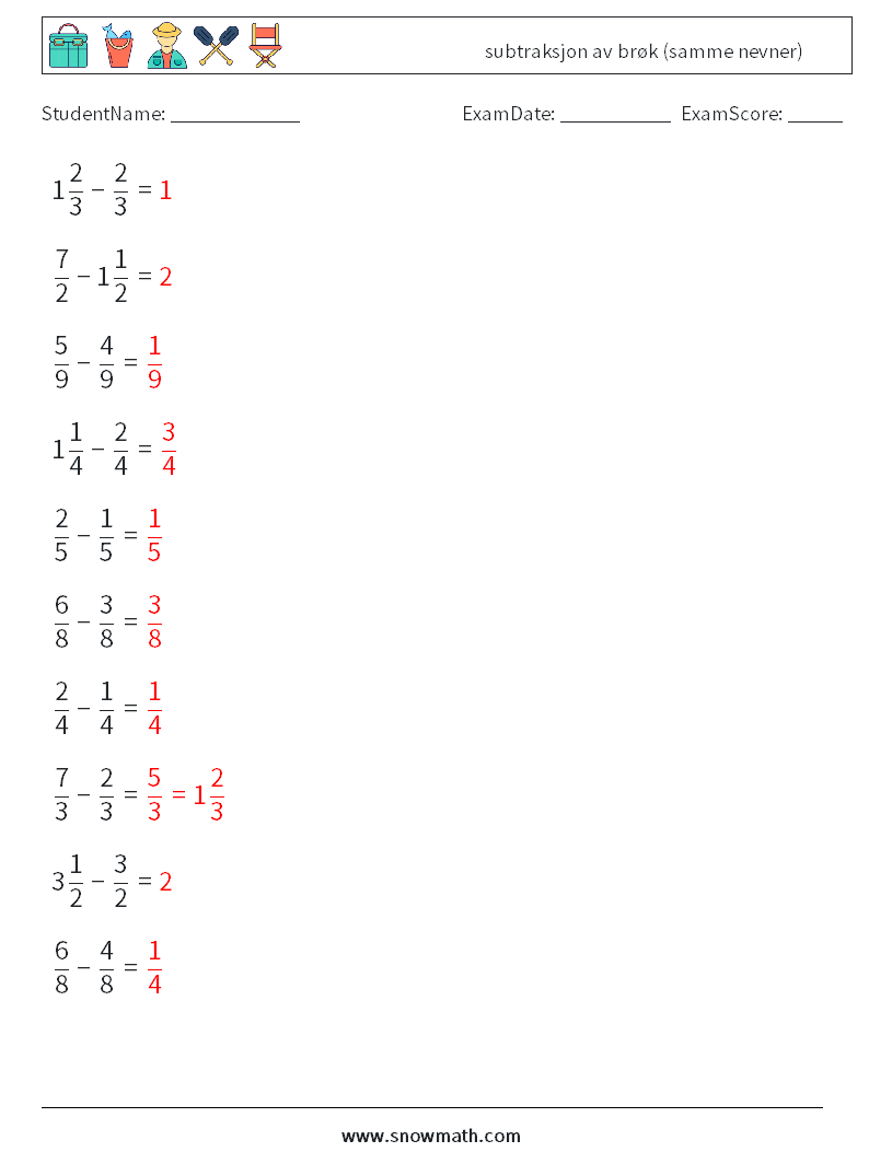 (10) subtraksjon av brøk (samme nevner) MathWorksheets 17 QuestionAnswer