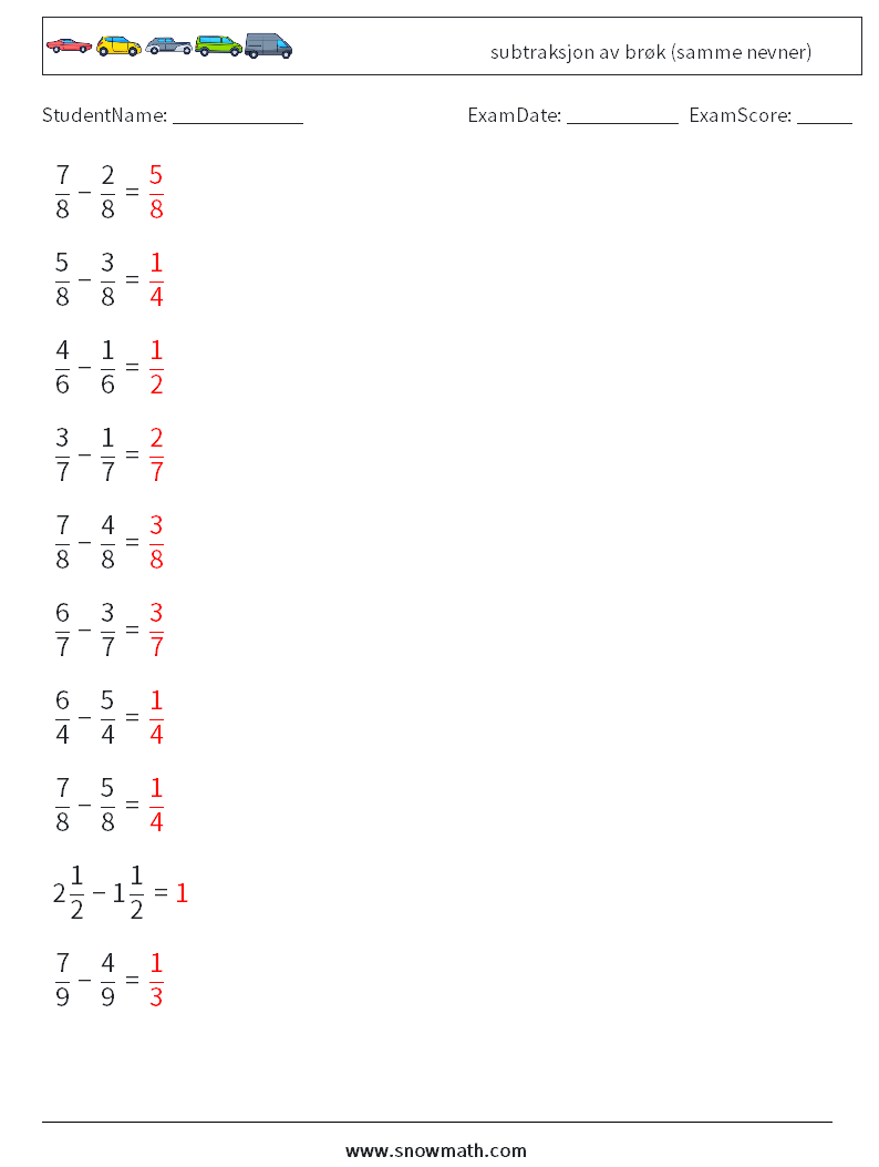 (10) subtraksjon av brøk (samme nevner) MathWorksheets 18 QuestionAnswer