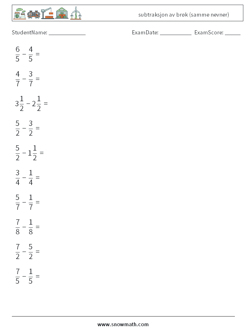 (10) subtraksjon av brøk (samme nevner) MathWorksheets 2