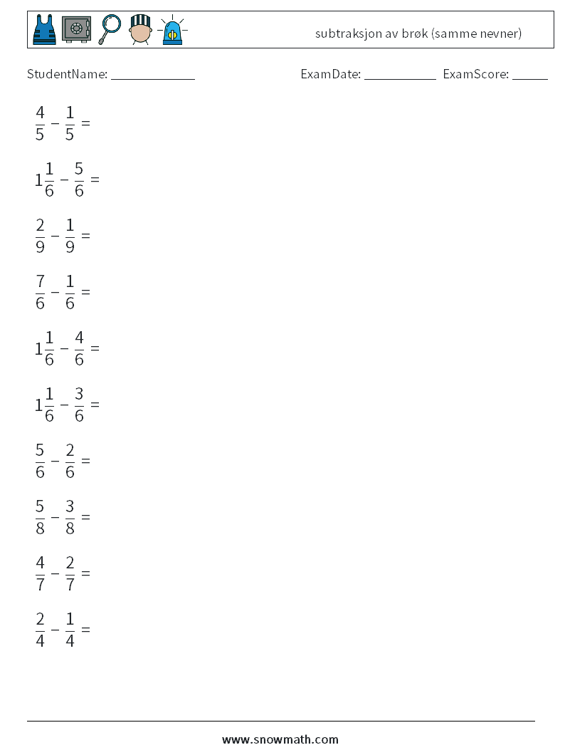 (10) subtraksjon av brøk (samme nevner) MathWorksheets 4