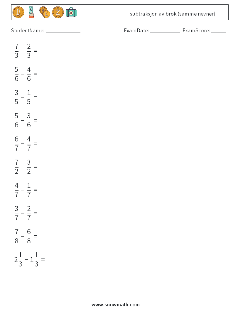 (10) subtraksjon av brøk (samme nevner) MathWorksheets 5