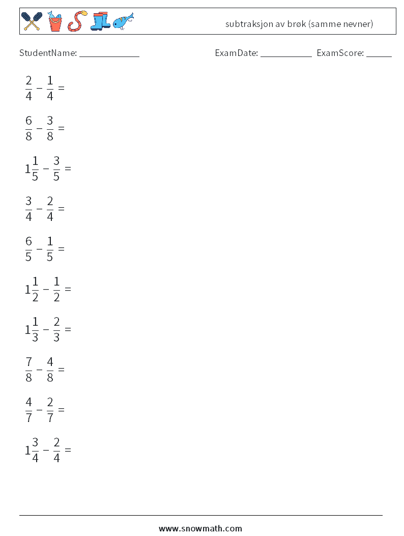 (10) subtraksjon av brøk (samme nevner) MathWorksheets 6
