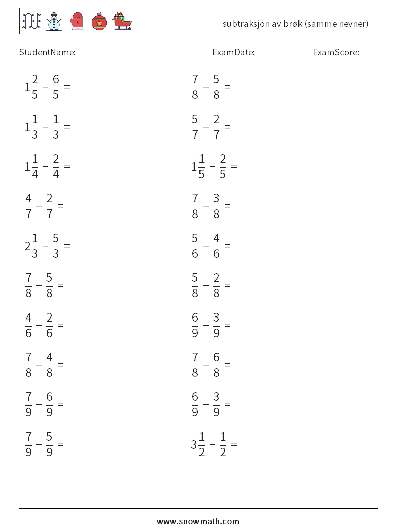 (20) subtraksjon av brøk (samme nevner) MathWorksheets 10