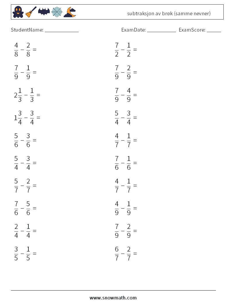 (20) subtraksjon av brøk (samme nevner) MathWorksheets 11