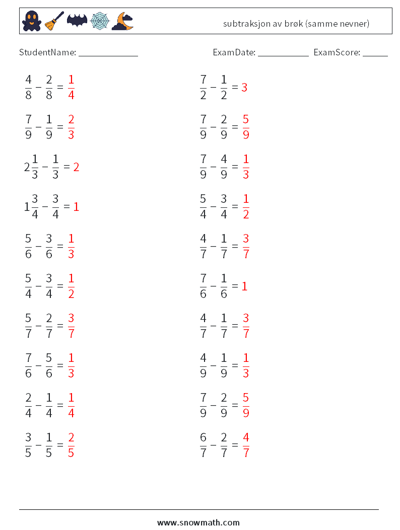 (20) subtraksjon av brøk (samme nevner) MathWorksheets 11 QuestionAnswer