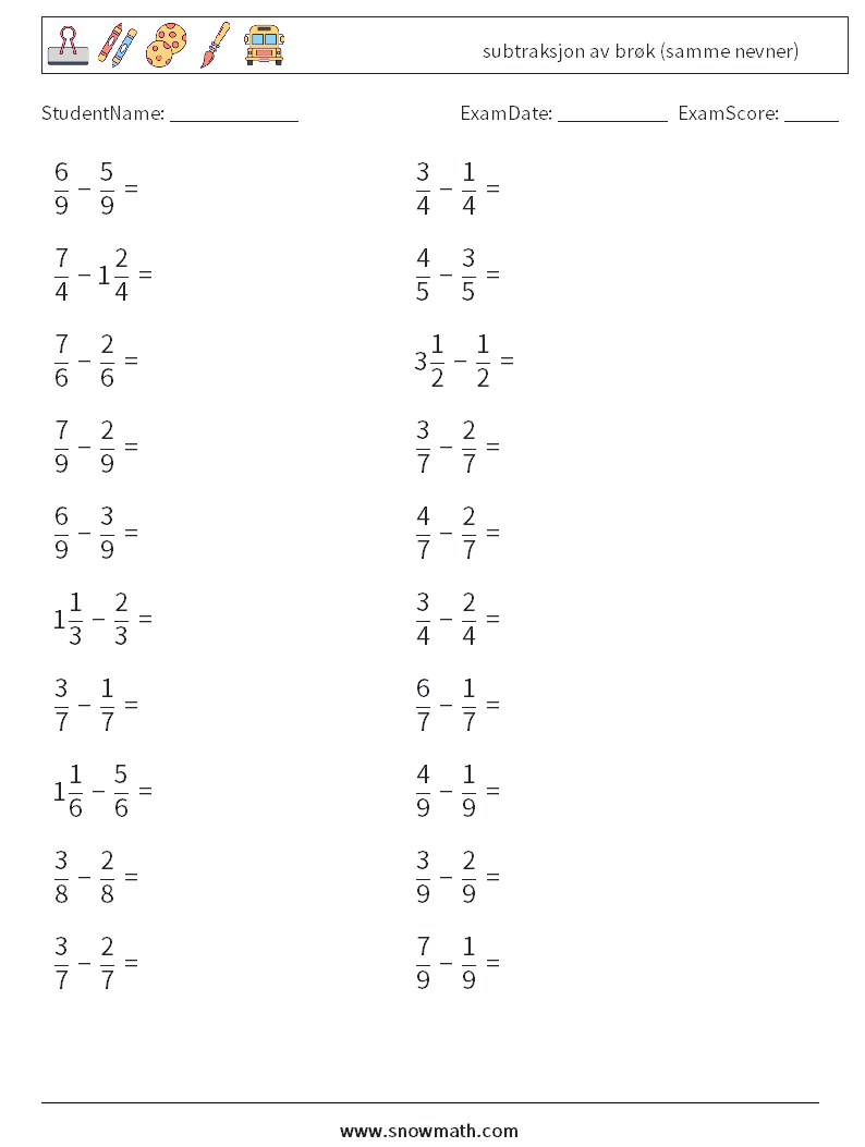 (20) subtraksjon av brøk (samme nevner) MathWorksheets 12