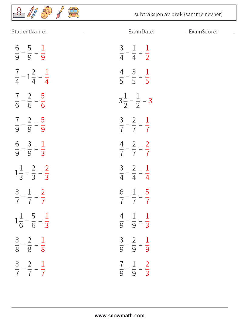 (20) subtraksjon av brøk (samme nevner) MathWorksheets 12 QuestionAnswer