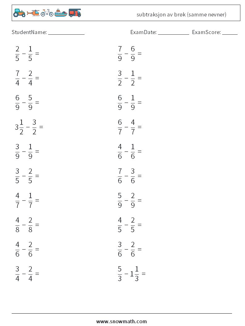 (20) subtraksjon av brøk (samme nevner) MathWorksheets 13