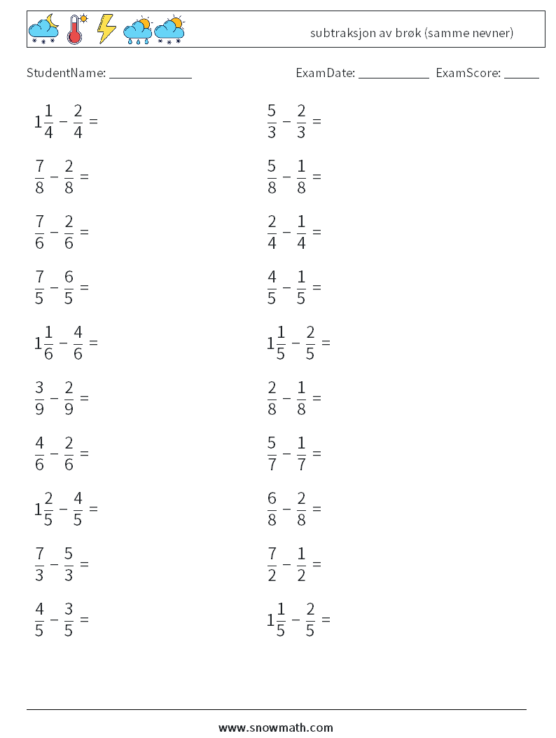 (20) subtraksjon av brøk (samme nevner) MathWorksheets 14