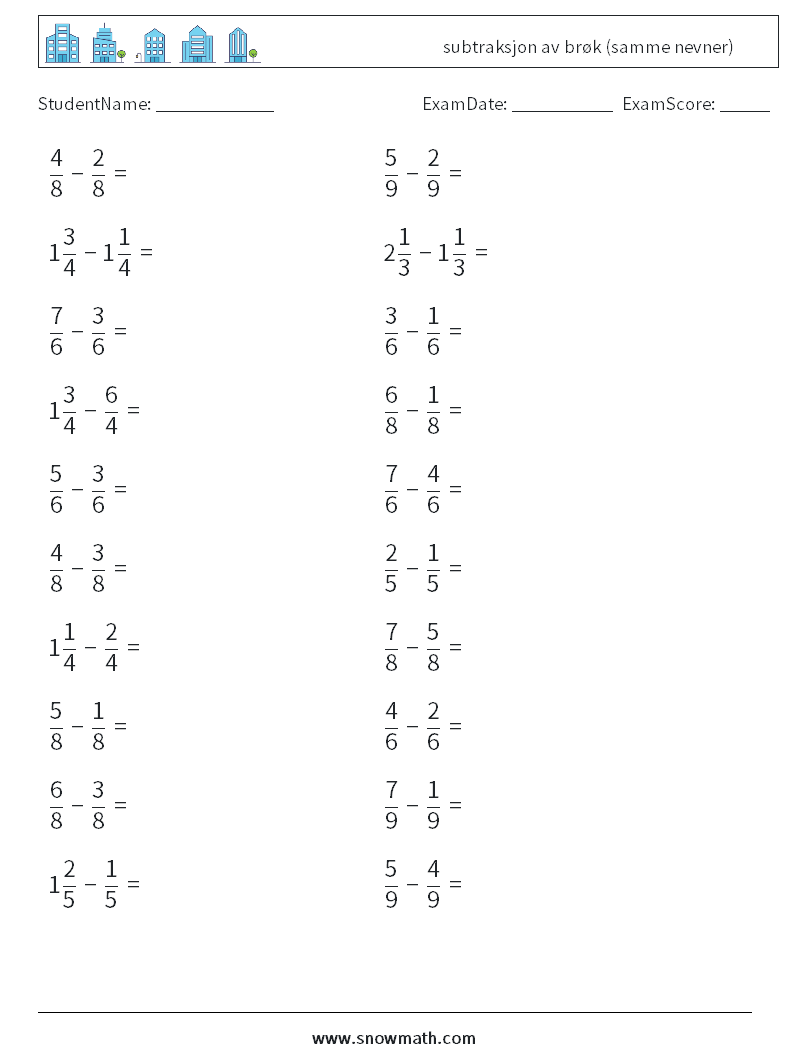(20) subtraksjon av brøk (samme nevner) MathWorksheets 15