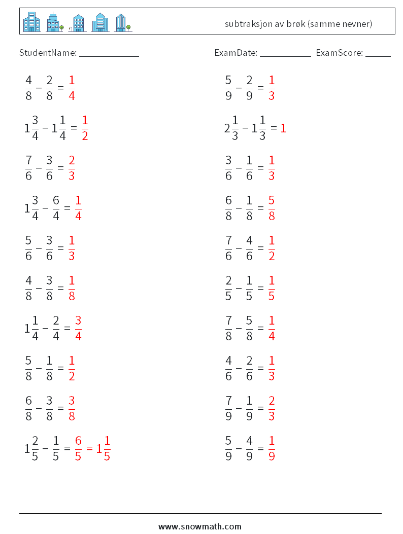 (20) subtraksjon av brøk (samme nevner) MathWorksheets 15 QuestionAnswer