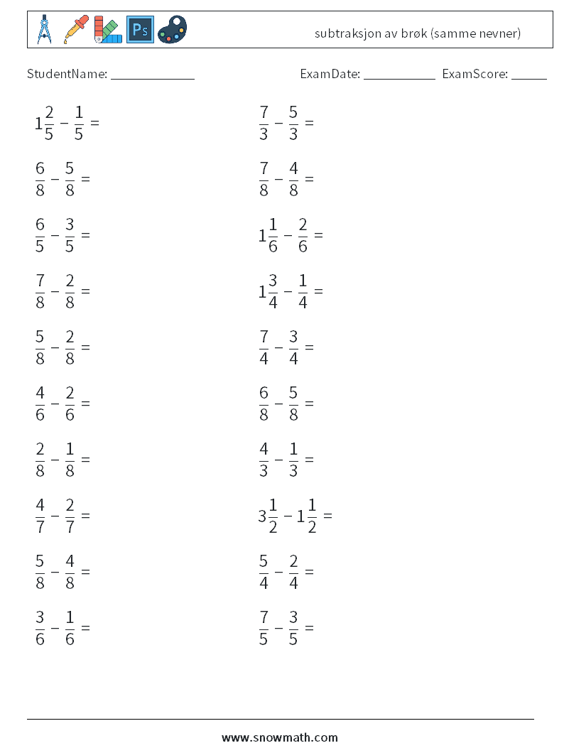 (20) subtraksjon av brøk (samme nevner) MathWorksheets 16