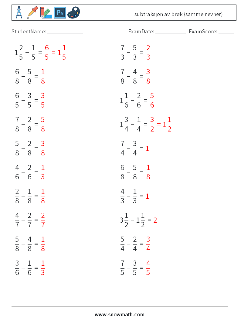 (20) subtraksjon av brøk (samme nevner) MathWorksheets 16 QuestionAnswer