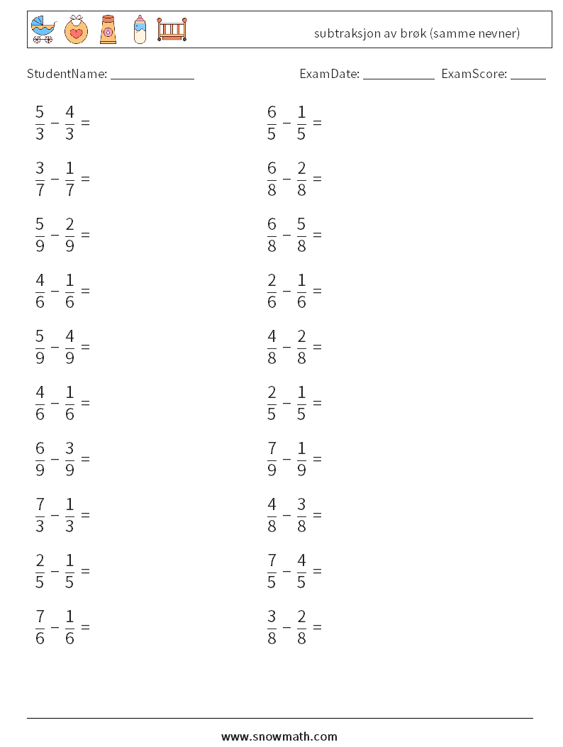 (20) subtraksjon av brøk (samme nevner) MathWorksheets 17