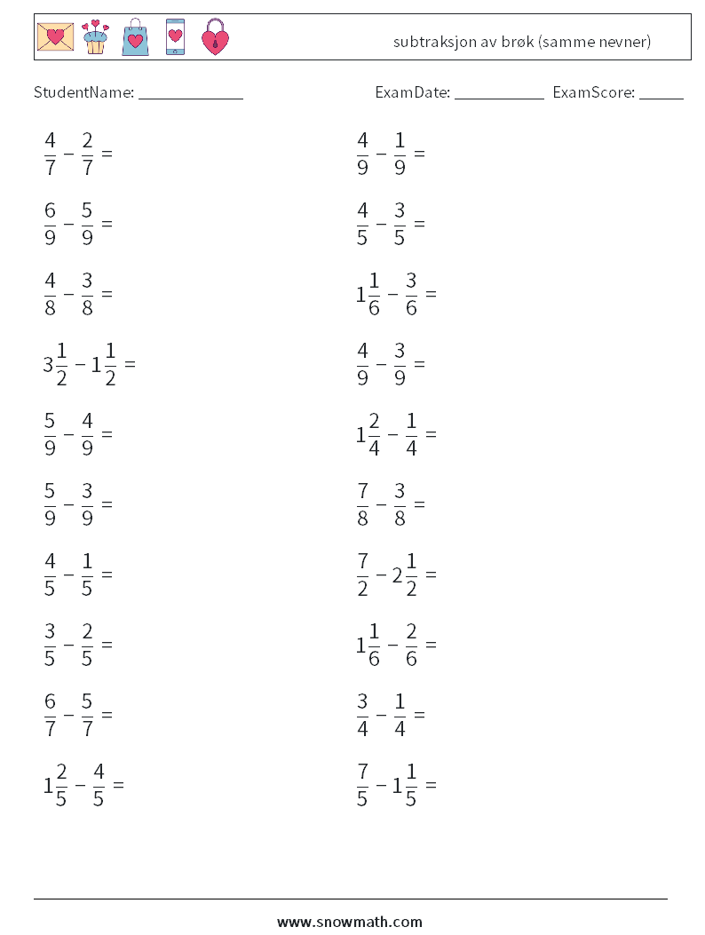(20) subtraksjon av brøk (samme nevner) MathWorksheets 18