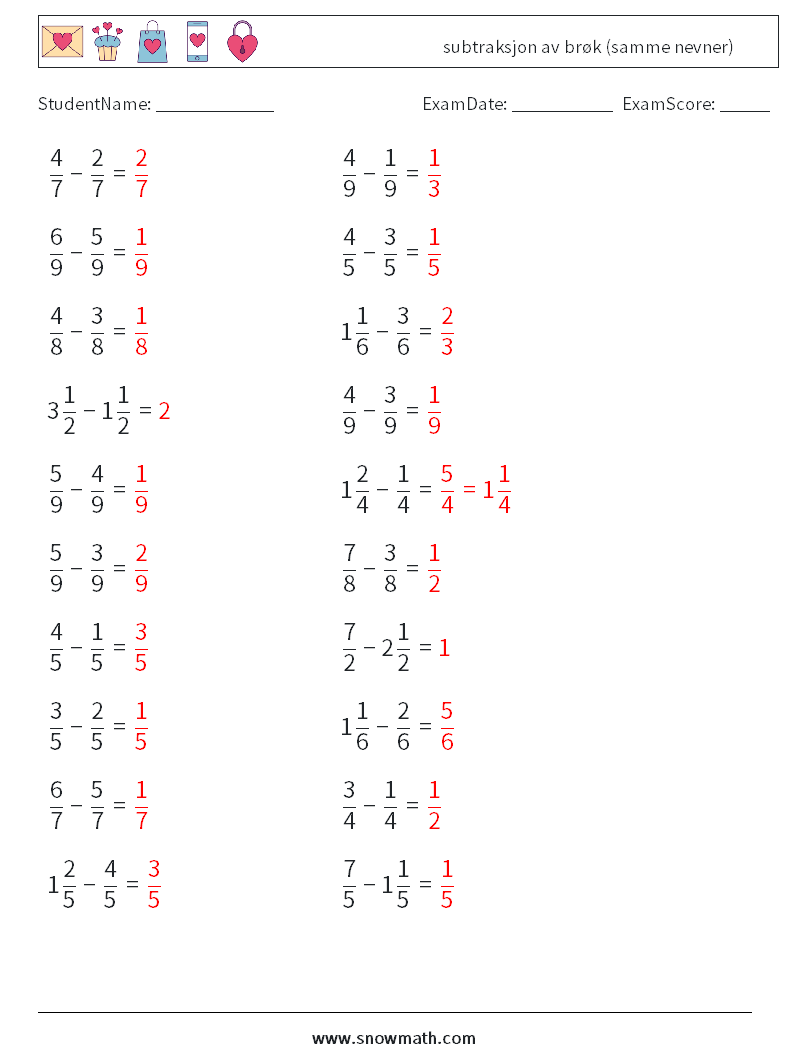 (20) subtraksjon av brøk (samme nevner) MathWorksheets 18 QuestionAnswer