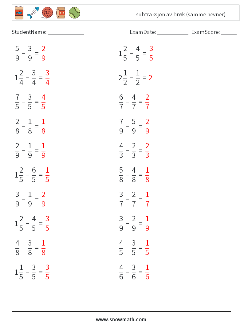 (20) subtraksjon av brøk (samme nevner) MathWorksheets 1 QuestionAnswer
