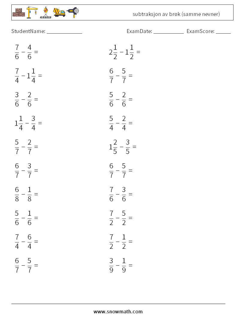 (20) subtraksjon av brøk (samme nevner) MathWorksheets 2
