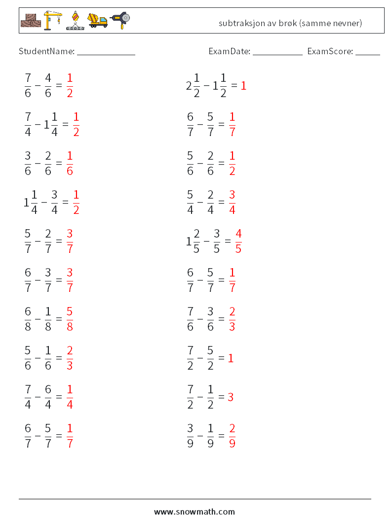 (20) subtraksjon av brøk (samme nevner) MathWorksheets 2 QuestionAnswer