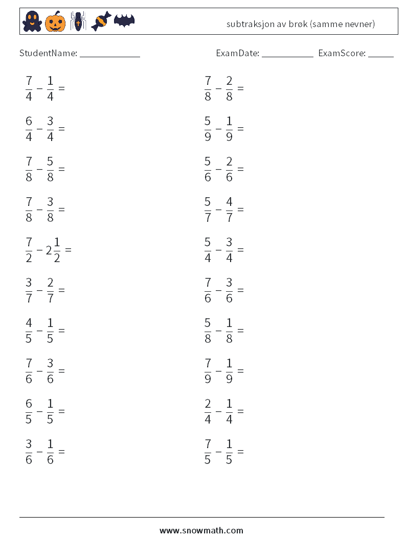 (20) subtraksjon av brøk (samme nevner) MathWorksheets 3