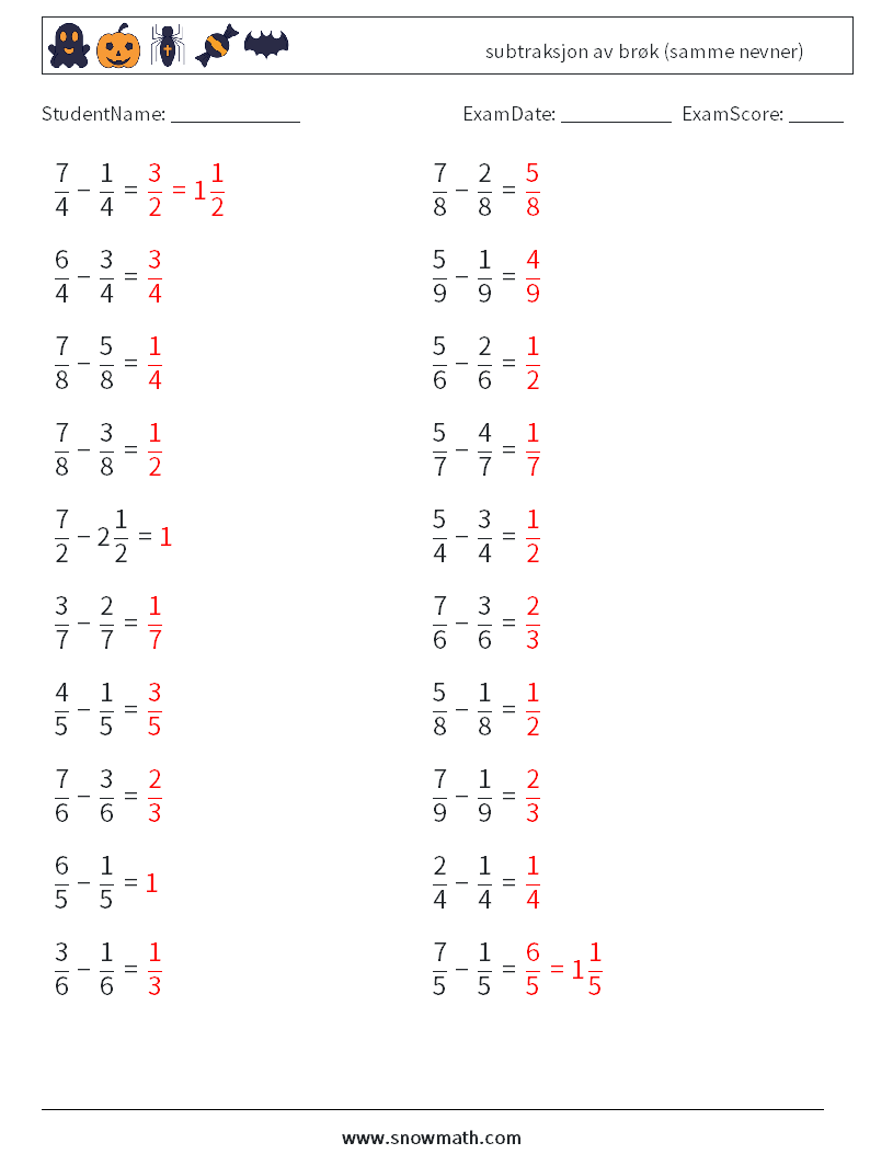 (20) subtraksjon av brøk (samme nevner) MathWorksheets 3 QuestionAnswer