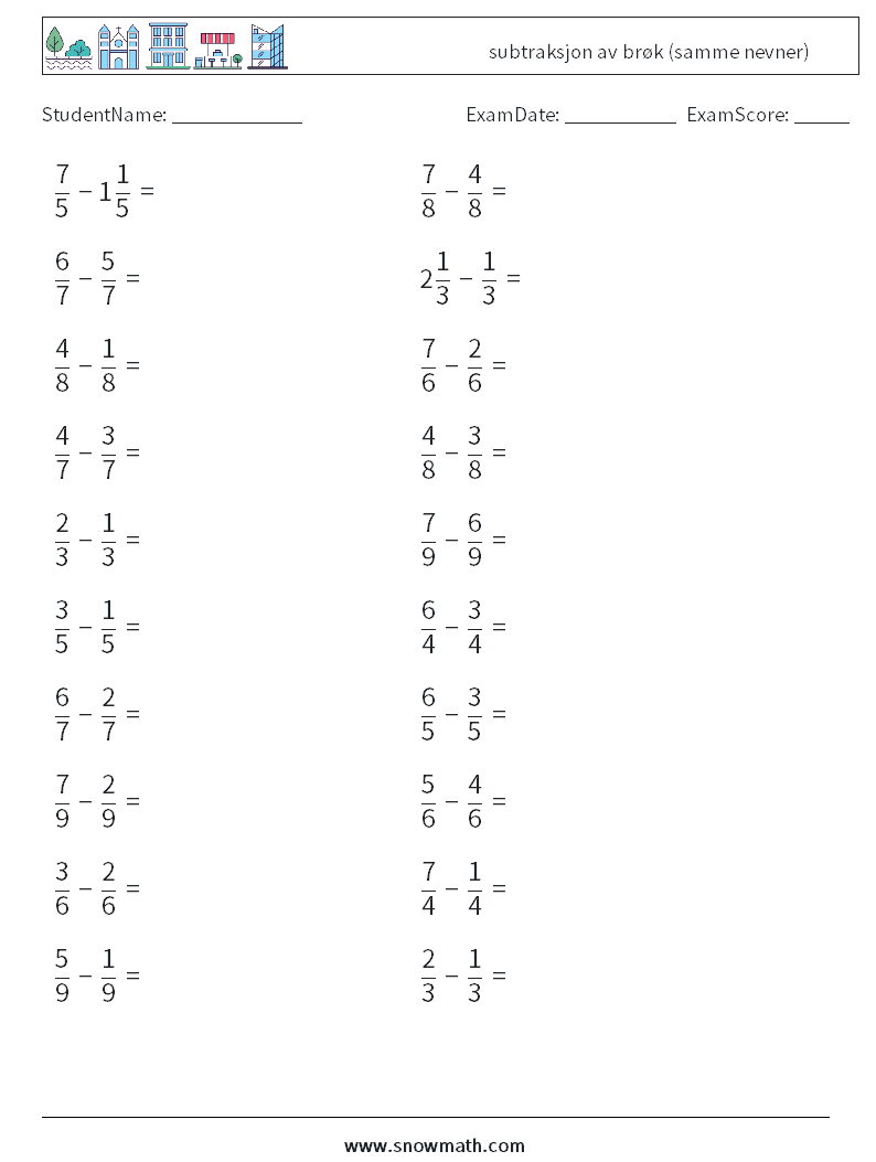 (20) subtraksjon av brøk (samme nevner) MathWorksheets 4
