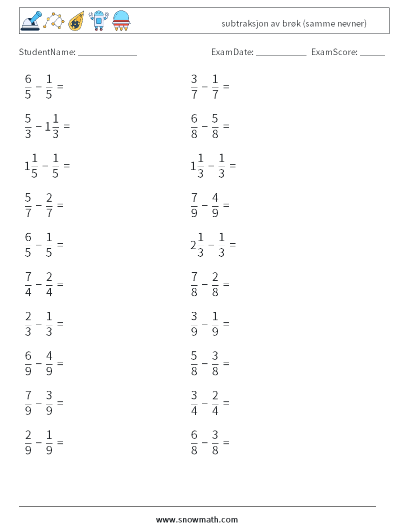 (20) subtraksjon av brøk (samme nevner) MathWorksheets 5
