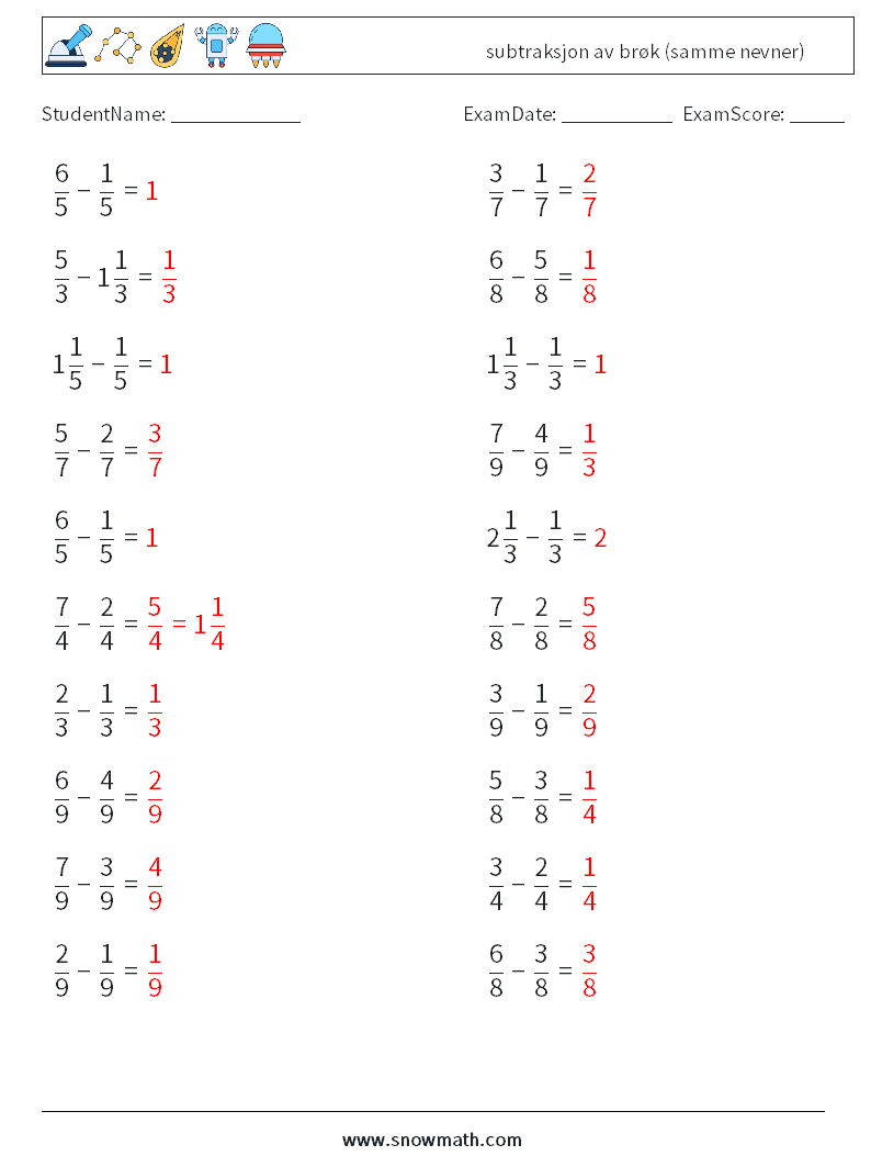 (20) subtraksjon av brøk (samme nevner) MathWorksheets 5 QuestionAnswer