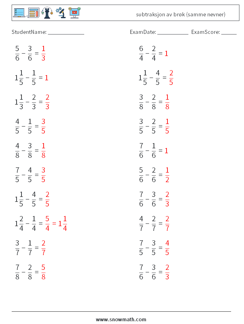 (20) subtraksjon av brøk (samme nevner) MathWorksheets 6 QuestionAnswer