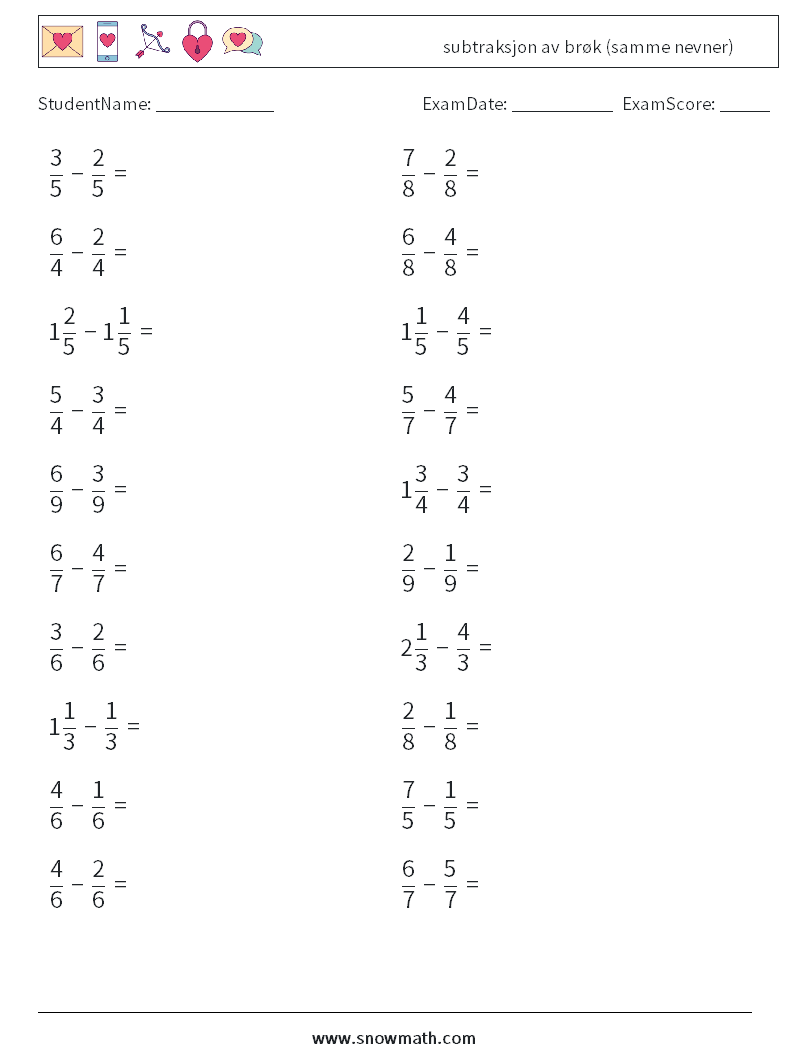 (20) subtraksjon av brøk (samme nevner) MathWorksheets 7