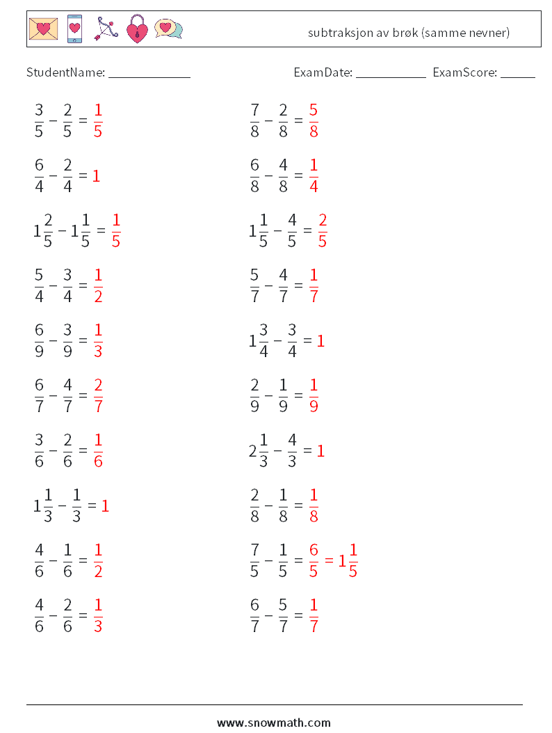(20) subtraksjon av brøk (samme nevner) MathWorksheets 7 QuestionAnswer