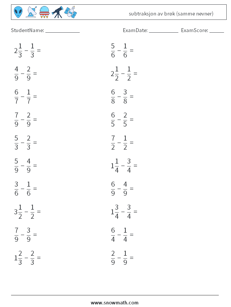 (20) subtraksjon av brøk (samme nevner) MathWorksheets 8