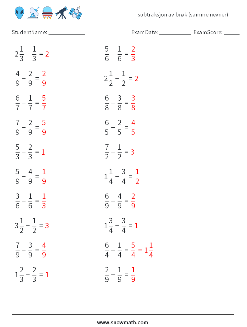 (20) subtraksjon av brøk (samme nevner) MathWorksheets 8 QuestionAnswer